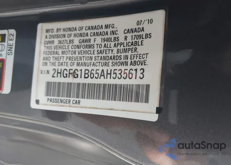 2010 Honda Civic Lx z USA, uszkodzony, nr VIN 2HGFG1B65AH535613